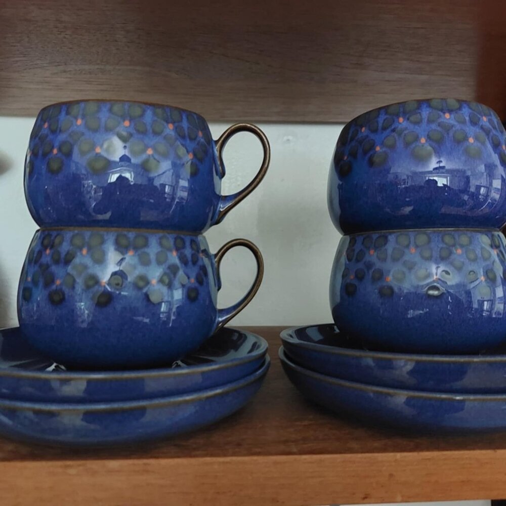 FOUR vintage Denby "midnight" cups and saucers - excellent condition
